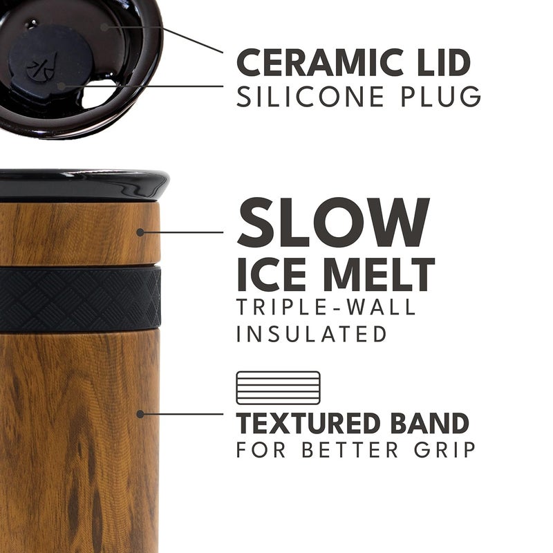 Elemental Artisan Insulated Tumbler, Triple Wall Coffee Travel Mug, Reusable Stainless Steel Coffee Tumbler with Ceramic Lid, Thermal Coffee Cups for Hot (6 Hrs) & Cold (18 Hrs), 12oz - Teak Wood - Image 5